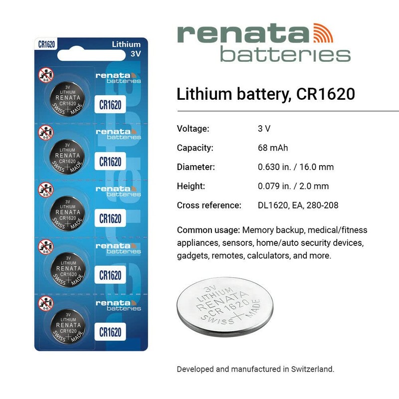 Renata CR1620 Batteries - 3V Lithium Coin Cell 1620 Battery
