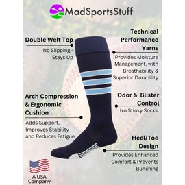 MadSportsStuff Dugout 3 Stripe Softball Socks (Navy/Columbia Blue/White, Small) - Navy/Columbia Blue/White,Small