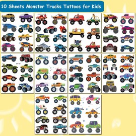 CHARLENT Monster Truck Temporary Tattoos for Kids Party Supplies - 10 Sheets Monster Truck Tattoos for Boys Birthday Party Favors Goodie Bag Fillers