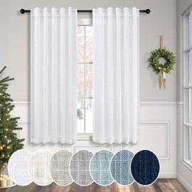 Pitalk - Cortinas blancas de 38 pulgadas de ancho para ventanas de cocina, 2 paneles traseros con pestaña para barra, lino y café, cortinas cortas transparentes para baño, lavandería, sótano, decoración de granja, ancho de 38 x 45 pulgadas de largo