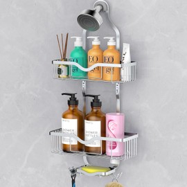 Kadolina Hanging Shower Caddy, Over Head Shower Caddy Shower Organizer Rack Basket with Soap Dish, Hooks for Razor and Sponge (Bright Silver)