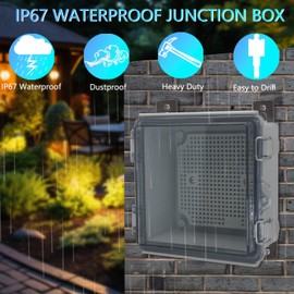 IP67 Waterproof Junction Box, ABS Plastic Electrical Enclosure with Stainless Steel Latch, Hinged Cover Electric Box with Mounting Plate, Wall Brackets & Cable Glands 200x100x70mm