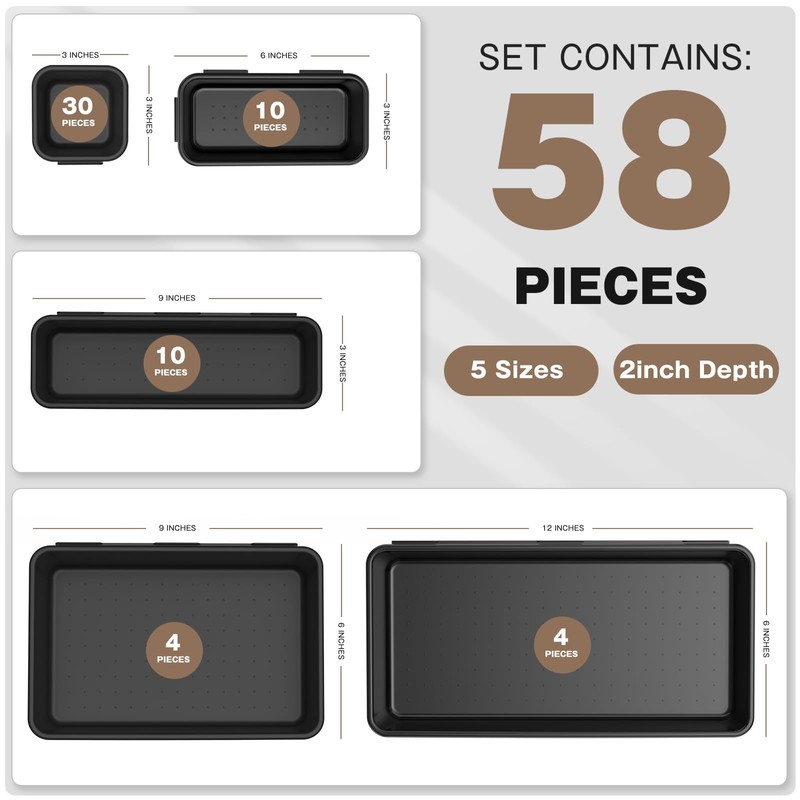 A-LUGEI【𝟱𝟴𝗣𝗰𝘀】【5 Size】 Tool Box Organizer Tray Divider Set, 【Black】 Desk