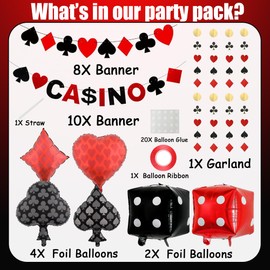 Xietaea Casino Decorative Balloons Garland – Pack of 26 Playing Cards Foil Balloons Casino Banner and Poker Garlande, Black Red Theme Party Decoration for Las Vegas Night and Birthday