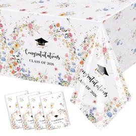 AIBIIN 4 Pcs Wildflower Graduation Tablecloths Floral Congrats Grad Disposable Table Covers Class of 2026 Graduation Party Table Cloth Decorations