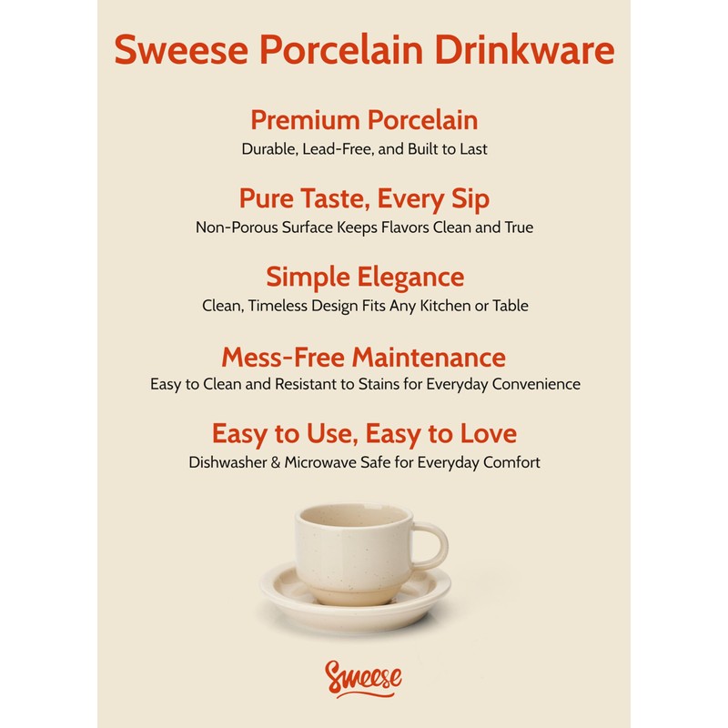 Sweese Porcelain Espresso Cups Set, 2.5 oz, Stackable with Saucers