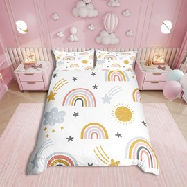 Erosebridal Girls Rainbow Duvet Cover Sun and Stars Comforter Cover Full Size for Kids Boys Children Cartoon Style Cloud Bedding Set Girly Soft Microfiber Quilt Cover with Corner Ties Decor