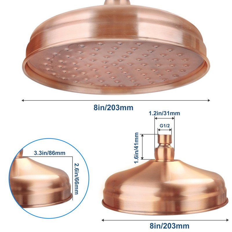 Antique Red Copper Shower Heads Round 8" Rainfall Shower Bathroom