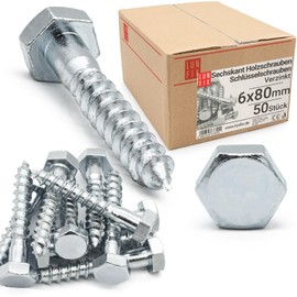 LUN FIX Hexagon Wood Screws 6 x 80 mm Pack of 50 DIN 571 Key Screws Galvanised Steel Wood Construction Screws External Hexagon for Wood Construction Beam Post Dowels