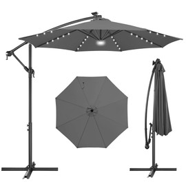 FLAME&SHADE 10ft Solar Outdoor Umbrella - 24 LED Lighted Patio Umbrella with Centre Surround Light, Table Umbrellas with Tilt & Crank for Pool, Porch, Garden, Deck, Backyard UV Protection (Taupe)