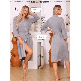 Wikoan Women's 3/4 Sleeve Dressing Gown Lightweight V-Neck Kimono Robe Long Bathrobe for Women with Belt S-XXL, gray