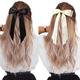 2 Pack Bow Hair Clips with Long Tail, Ribbon Hair Bows for Women, Elegant Tassel Hair Bow Clips, Bowknot Barrettes Hair Accessories for Girls Teens