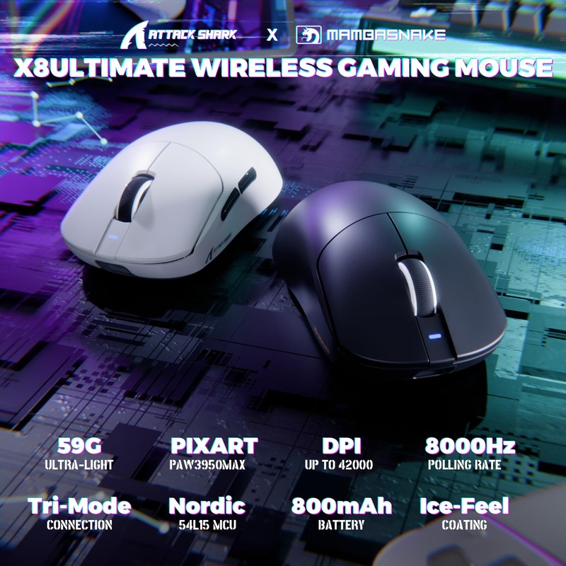 ATTACK SHARK X8 Ultimate Wireless Gaming Mouse,55g Ultra-Lightweight BT/2.4GHz Wireless/Wired