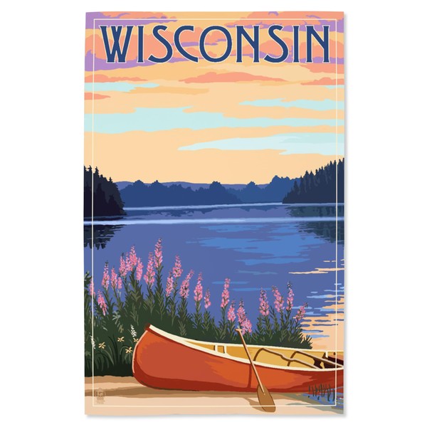 Lantern Press 16x24 Inch Giclee Print, Wisconsin, Canoe and Lake