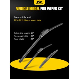 28"+12"+12" Windshield Wipers Blades Replacement for 2014-2019 Versa Note, U/J HOOK Front & Rear All Season Wiper Blades Set(Pack of 3)