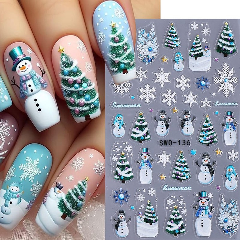 4Pcs Christmas Nail Stickers 5D Embossed Christmas Lights Xmas Tree