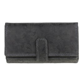 Schompi Trading Women's XL Leather Wallet Embossed Lianas Flower Pattern – Elegant Genuine Leather Women's Purse Large Paisley Motif RFID Protection, black, Classic