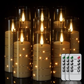 Wondise Flameless Flickering Candles with Embedded Star String Remote and Timer Battery Operated Black Flickering LED Candles Pillar Candles for Christamas Home Decoration (9pack