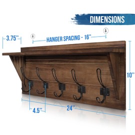 Rustic Wall Mounted Coat Rack Shelf - Brown Wooden Country Style 24" Entryway Shelf with 5 Rustic Hooks - Solid Pine Wood. Perfect touch for your Entryway, Mudroom, Kitchen, Bathroom and More (Brown)