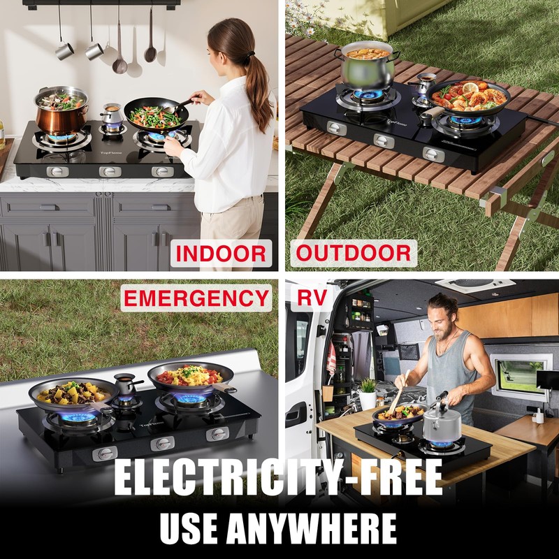3 Burner Propane Stove 32,300 BTU High-Efficiency Tempered Glass Auto-Ignition