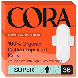 Almohadillas de algodón orgánico ultradelgadas Cora, absorbencia nocturna, con alas y tecnología de absorción en seco (nuevo 18 unidades), Súper, 36 unidades