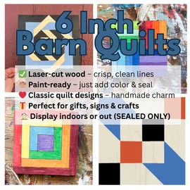 Set of 4 Barn Quilt Kits 6" Unfinished Wooden Quilt Blocks to Paint | DIY Craft Kit for Adults & Kids | Log Cabin, Slip Knot, Rail Fence, Road to Oklahoma | Wall Art Decor (6 Inches Square) (Log Cabin, Road to Oklahoma, Slip Knot, Rail Fence)