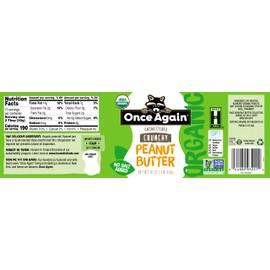 Once Again Organic Crunchy Peanut Butter, 16oz - Salt Free, Unsweetened - USDA Organic, Gluten Free Certified, Vegan, Kosher - Glass Jar - Case of 6