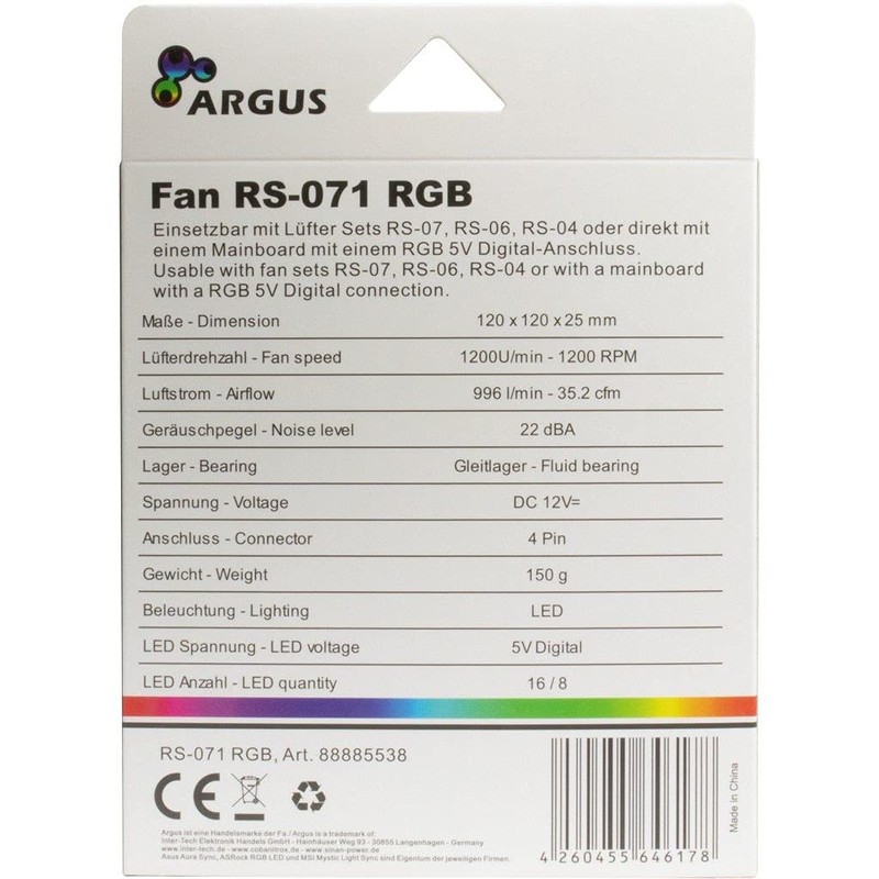Argus RS-071 LED 120mm RGB PC Fan