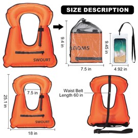 SWOURT Inflatable Snorkel Vest, Free Diving Swimming Safety Load up to 220 Ibs with Waterproof Bag