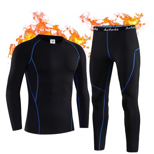 Acfoda Winter Thermal Underwear Set Men's Warm Ski Underwear Soft Breathable Functional Underwear S-XXL, 22 Black Blue