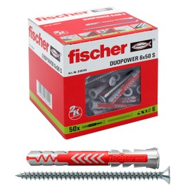 Fischer Duopower 6 x 50 S, Universal Dowels with Safety Screw, 2-Component Dowels, Plastic Dowels for Mounting in Concrete, Bricks, Stone, Plasterboard and much more, 50 Dowels + 50 Screws