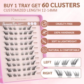Lash Clusters 60PCS Natural Eyelash Clusters C Curl Wispy DIY Eyelash Extensions 12-14mm Soft & Light Eyelash Clusters Cat Eye Style (Sweetie Fox)