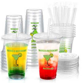 Jingmore 20 Pcs Margs and Matrimony Party Cups Bachelorette Party Decoration 16 oz Disposable Plastic Cups with Lid and Straw for Wedding Bachelorette Party Decor Supply Margarita Bridal Shower