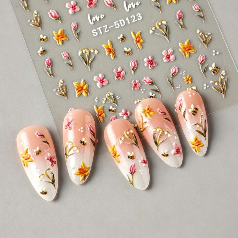 5D Embossed Daisy Lavender Nail Stickers, 5 Sheets Self Adhesive