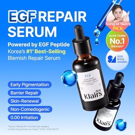 DearKlairs - Suero coreano EGF – Gota activadora juvenil azul con EGF y FGF (10 ppm cada uno), reparación de barrera y marcas posteriores a imperfecciones, agradable para la piel sensible, calma y calma diaria, 1.69 onzas líquidas