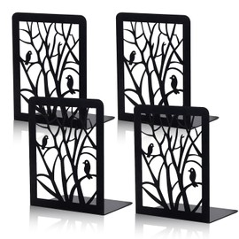 LOSYHU 4 Pcs Book Ends Black, Metal Bookends for Shelves Heavy Duty Book End Decorative Tree Design Book Stopper Supports Anti Slip Book Stopper for Home Office Library School, Bird Style