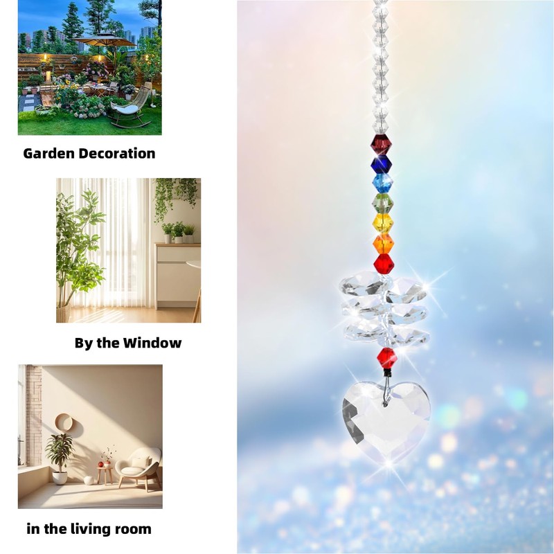 Libiline Crystal Rainbow Suncatcher with Chakra Beads, Clear Sweet Heart