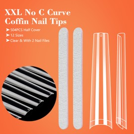 Quaferen Long Clear Coffin Nails Tips: 504Pcs XXXL Extra Long No C Curve Nail Tips Coffin - Half Cover Gel Acrylic Nail Tips for Women Salons Home DIY with 2 Nail Files