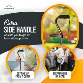 VIVA CARE Walking Cane with 4 Prongs & Extra Handle – Adjustable, Balance & Stability for Seniors and Injured. [Black]