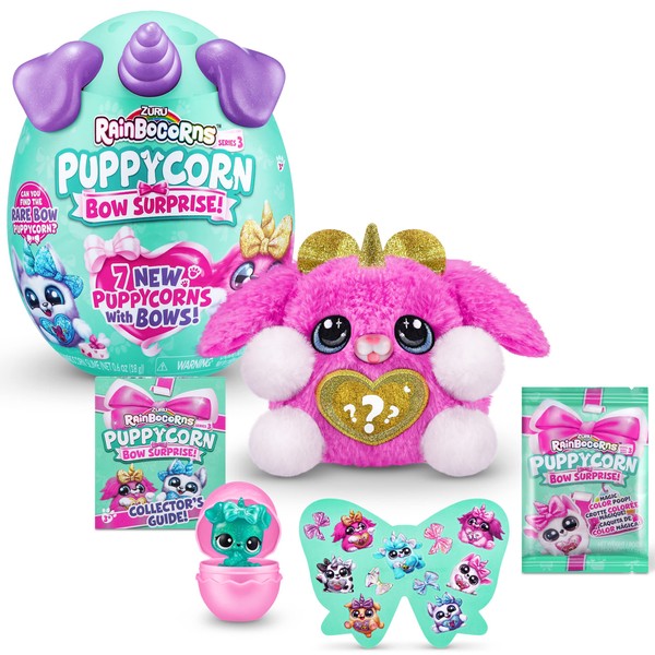 Rainbocorns Puppycorn Bow Surprise, Puppycorn Series 3, Rocket the Pink Karmo - Collectible Plush - 5 Layers of Surprises, Peel and Reveal Heart, Stickers, Slime, Ages 3+ (Pink Karmo)