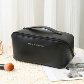 Travel Makeup Bag Large Capacity Cosmetic Storage Bag Organiser Toiletry Bag with Multiple Compartments and Handle Secure Zipper Waterproof PU Leather Wide Opening Design (Black)
