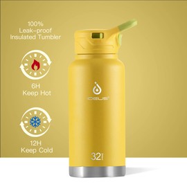 IDEUS Vacuum Insulated Water Bottle, Stainless Steel Double Wall Flask Metal Sports Canteen with Leak-Proof Screw Cap (32oz (950ml), Bright Yellow)
