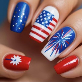 July 4th Independence Day Press on Nails Medium Flower Firework Pattern Design Artificial Coffin Nails Stars Flag Press Ons Stick on Nail Ful Cover Acrylic Glossy Glue on Nails for Women 24Pcs