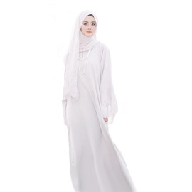 PolyJolly Embroidery Jalabiya Chiffon Abaya Dress for Women Dubai Sadui Muslim Eid Clothes with Headwrap, White, Small