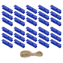 PATIKIL 1.4" Wooden Colored Clothes Pins, 50Pcs Mini Colorful Wooden Clothes Clips with 32Ft Jute Twine Strong Grip Photo Clips for Pictures Hanging Clothes Decorative Crafts, Sapphire