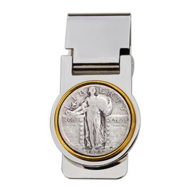 US 1928 Standing Liberty 90% Silver Quarter Hinged Money Clip NEW - Gold Coin Bezel