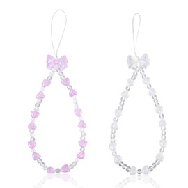 Reownest 2 Pack Phone Lanyard Charm Set - Cute Sparkling Crystal Bowknot Love Beaded Chain, Aesthetic Wrist Strap for Women Girls, Multi-Purpose Cellphone Bag Key Accessory - White,Purple