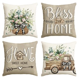 AVOIN colorlife Bless Our Home Farmhouse Eucalyptus Leaves Throw Pillow Covers, 16 x 16 Inch Truck Home Sweet Home Cushion Case Decorations Set of 4