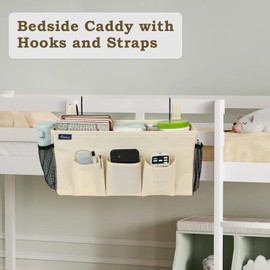 Surblue Bedside Organizer with Hook Bedside Caddy Hanging Storage Bag with Adjustable Strap and Water Bottle Holder for Home College Dorm Bunk Bed Accessories, Crib Bed Rail, Hospital Bed, Beige, 2PCS