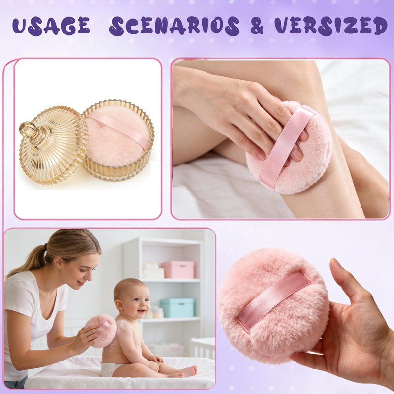 Body Powder Puff Container Set 3Pcs 6" Large Glass Dusting